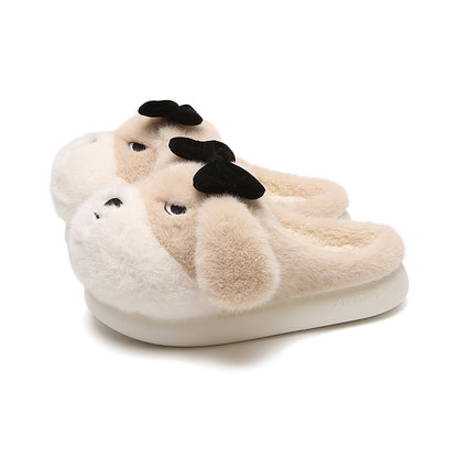 Cute khaki dog plush slippers with floppy ears, closed eyes, and removable black bow, fuzzy indoor shoes with EVA sole