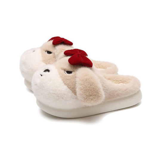 Cute khaki dog plush slippers with floppy ears, closed eyes, and removable red bow, fuzzy indoor shoes with EVA sole