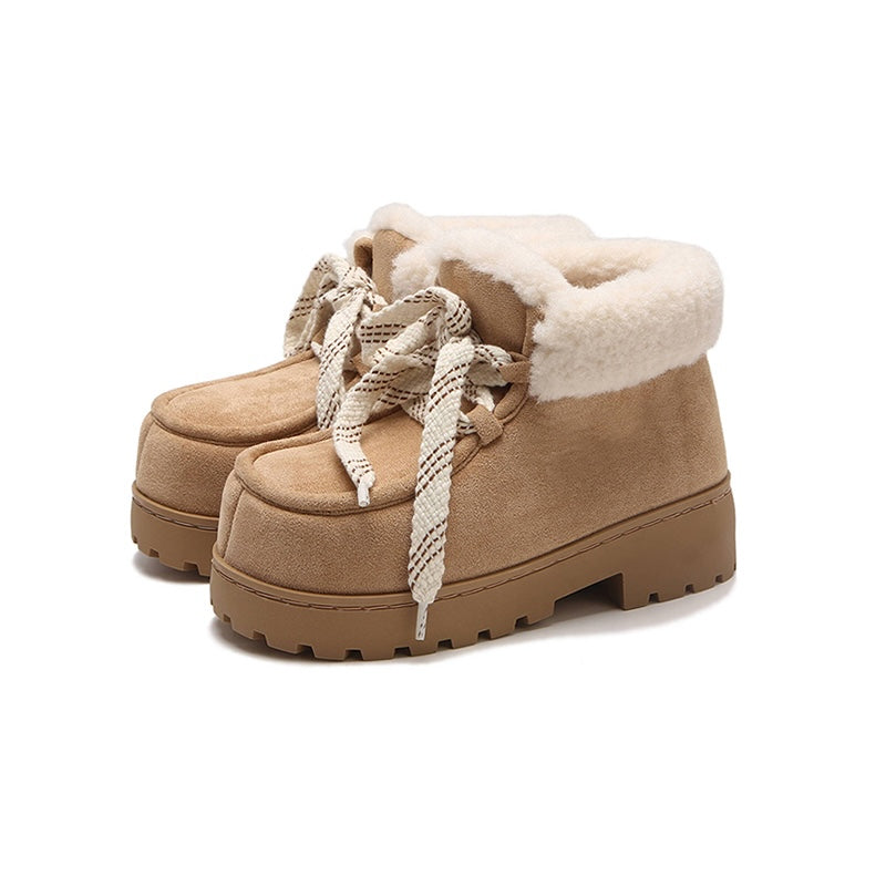 Cute khaki faux suede bootie slippers with fuzzy trim and chunky rubber sole, lace-up warm indoor shoes
