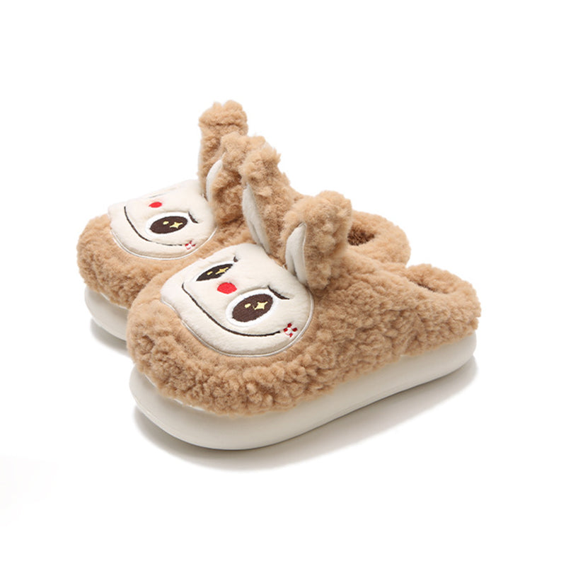 Cute khaki fuzzy bunny slippers with white face patch and short ears, indoor shoes with EVA sole