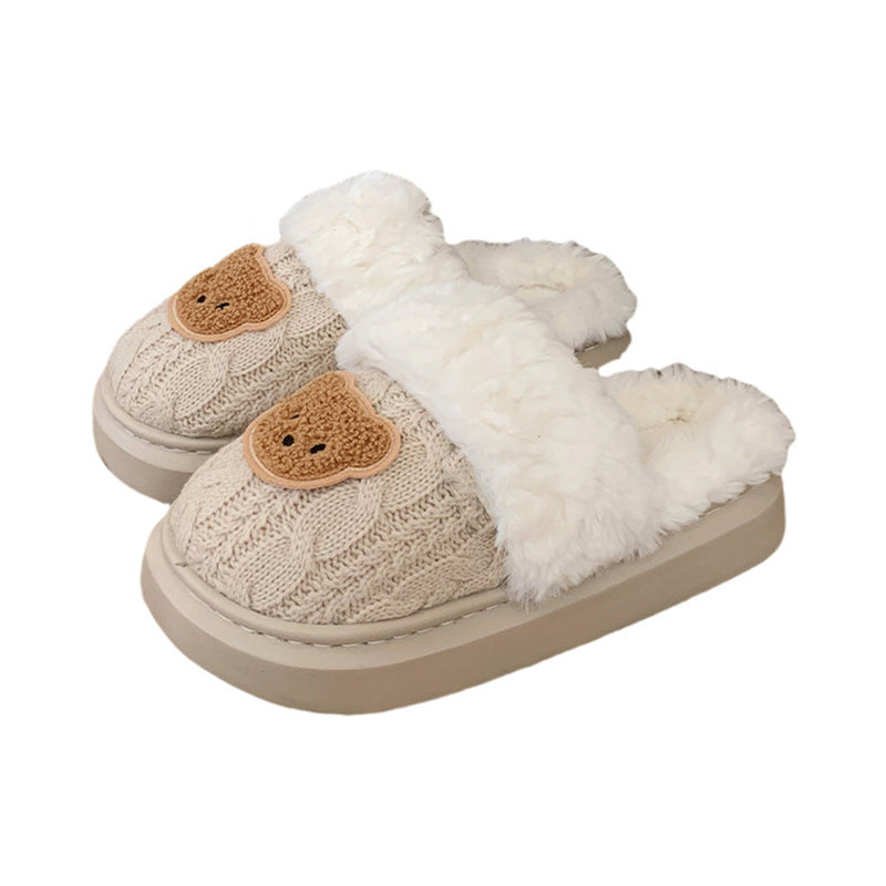 Cute khaki knit bear slippers with fuzzy trim and brown bear patch, warm knit fabric indoor shoes with EVA sole