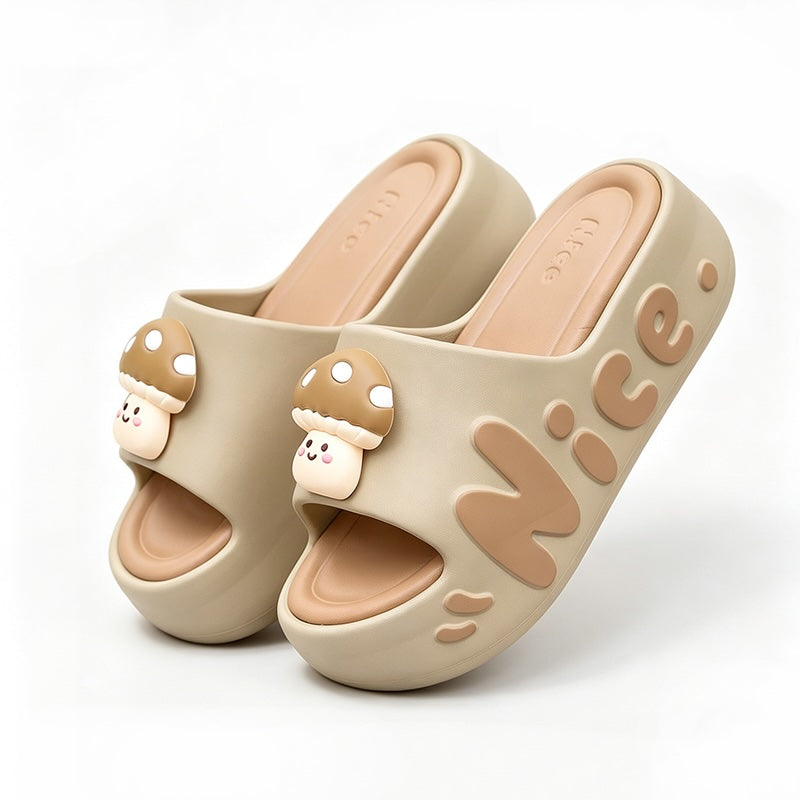 Cute khaki mushroom character EVA slide sandals with black dot cap and "Nice" print, chunky indoor shoes