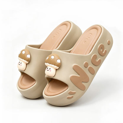 Cute khaki mushroom character EVA slide sandals with black dot cap and "Nice" print, chunky indoor shoes