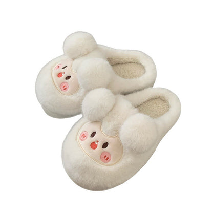 Cute khaki sheep plush slippers with round fluffy ears and embroidered face patch, fuzzy indoor shoes with EVA sole