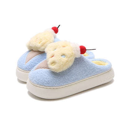 Cute light blue cherry ice cream plush slippers with fluffy scoop, colorful sprinkles, and cherry topper, fuzzy indoor shoes with EVA sole