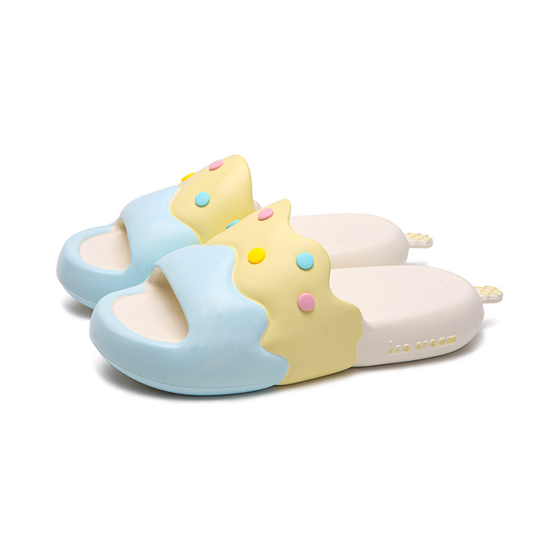 Cute light blue ice cream EVA slide sandals with colorful sprinkles and melted design, lightweight indoor slip-on shoes
