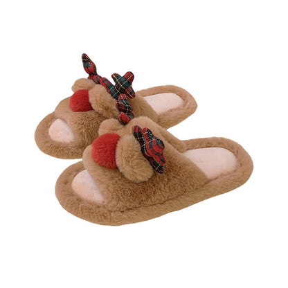 Cute light brown Christmas reindeer plush slippers with plaid ribbon antlers and red nose, fuzzy indoor shoes with PVC sole
