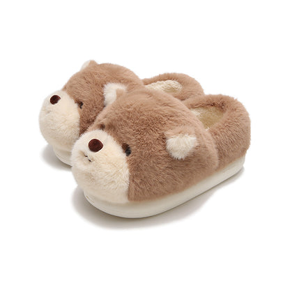 Cute light brown bear design closed-back plush slippers with white muzzle and white inner ears, indoor shoes with EVA sole