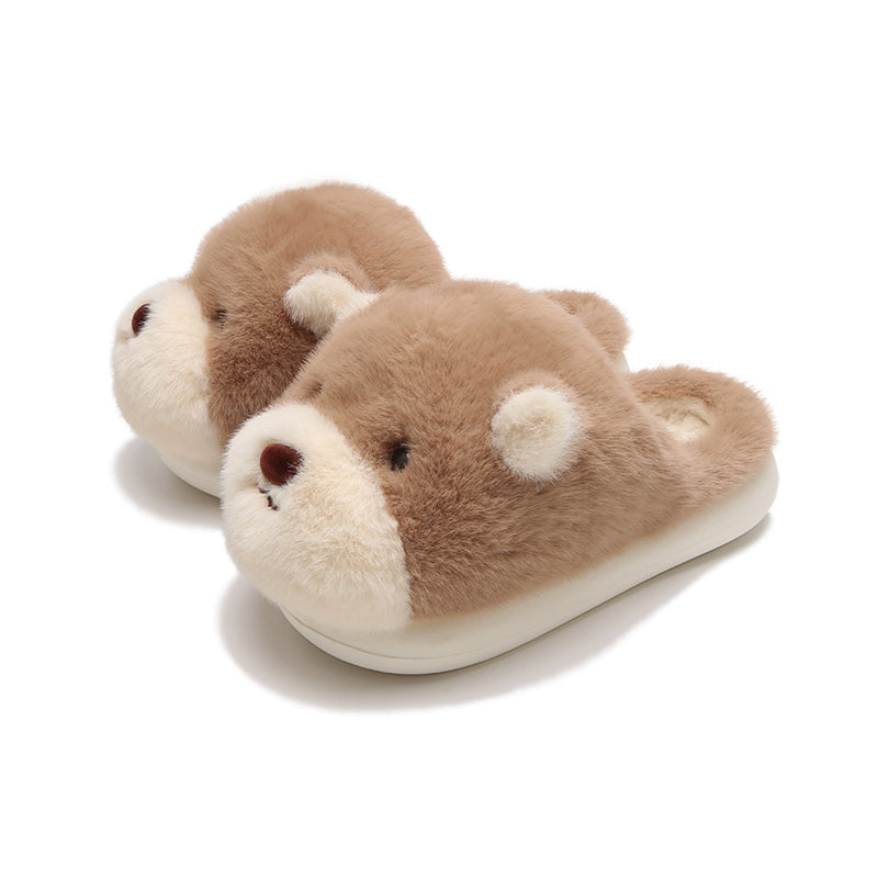 Cute light brown bear design plush slippers with white muzzle and white inner ears, indoor shoes with EVA sole