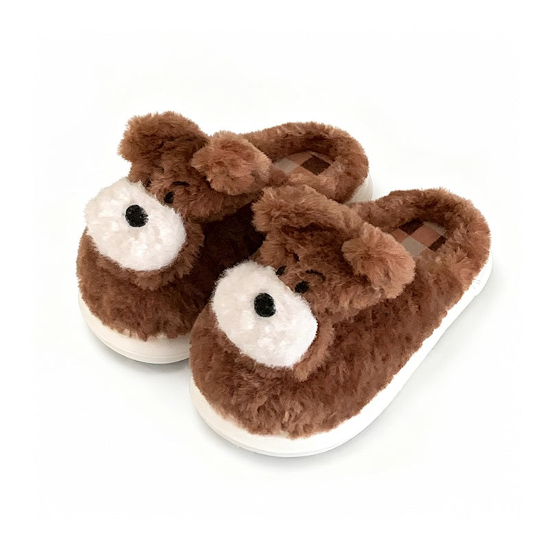Cute light brown dog plush slippers with white round muzzle and short ears, indoor shoes with EVA sole