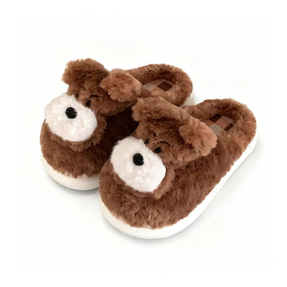 Cute light brown dog plush slippers with white round muzzle and short ears, indoor shoes with EVA sole