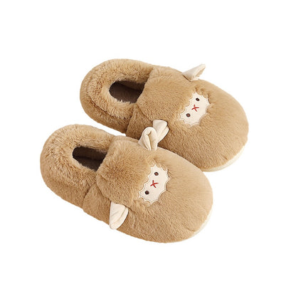 Cute light brown fluffy sheep bootie slippers with stitched face and small horns, closed-back fuzzy indoor shoes with EVA sole