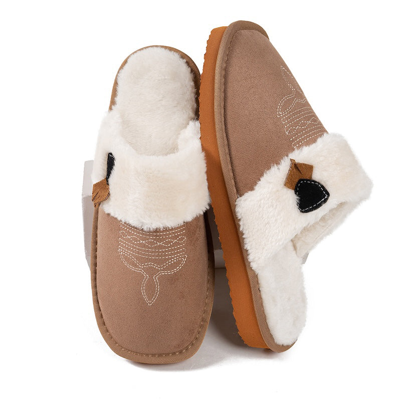 Cute light brown suede western slippers with fuzzy trim and embroidered detail, cozy indoor shoes with EVA sole