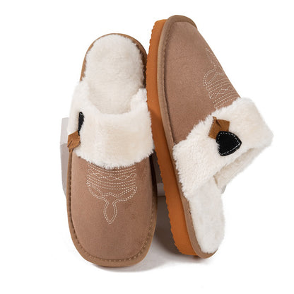 Cute light brown suede western slippers with fuzzy trim and embroidered detail, cozy indoor shoes with EVA sole