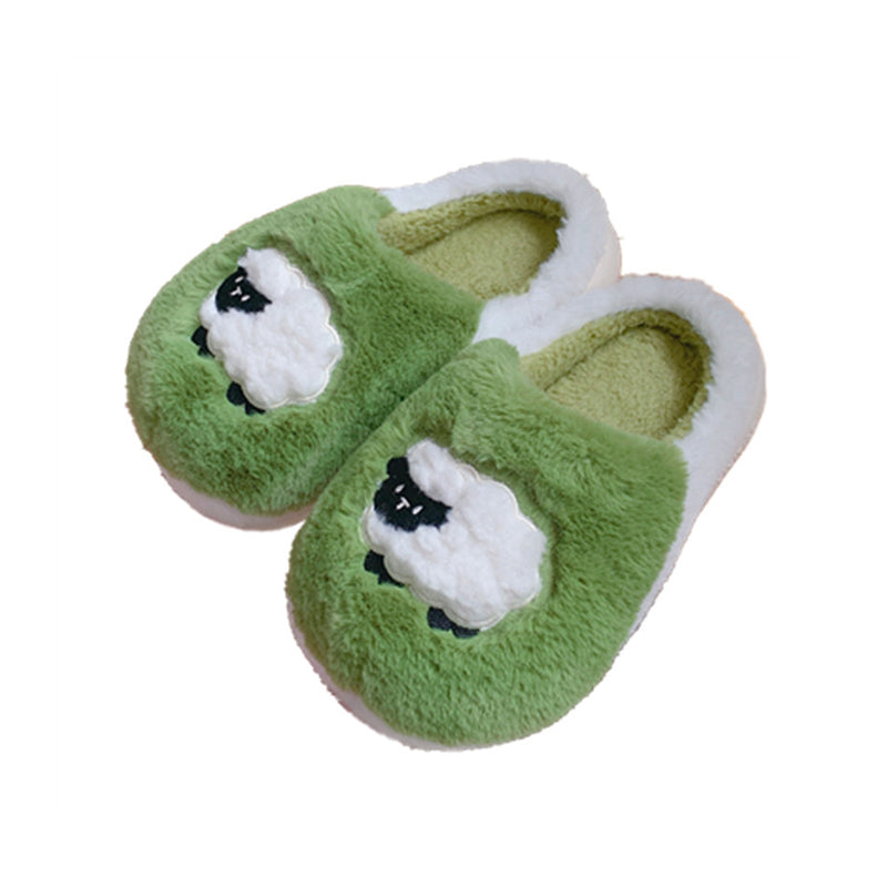 Cute light green sheep plush slippers with white fluffy trim and appliqué sheep design, indoor shoes with EVA sole