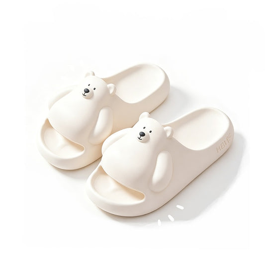 Cute milky white 3D bear EVA slide sandals with round ears and hugging arms, lightweight indoor shoes