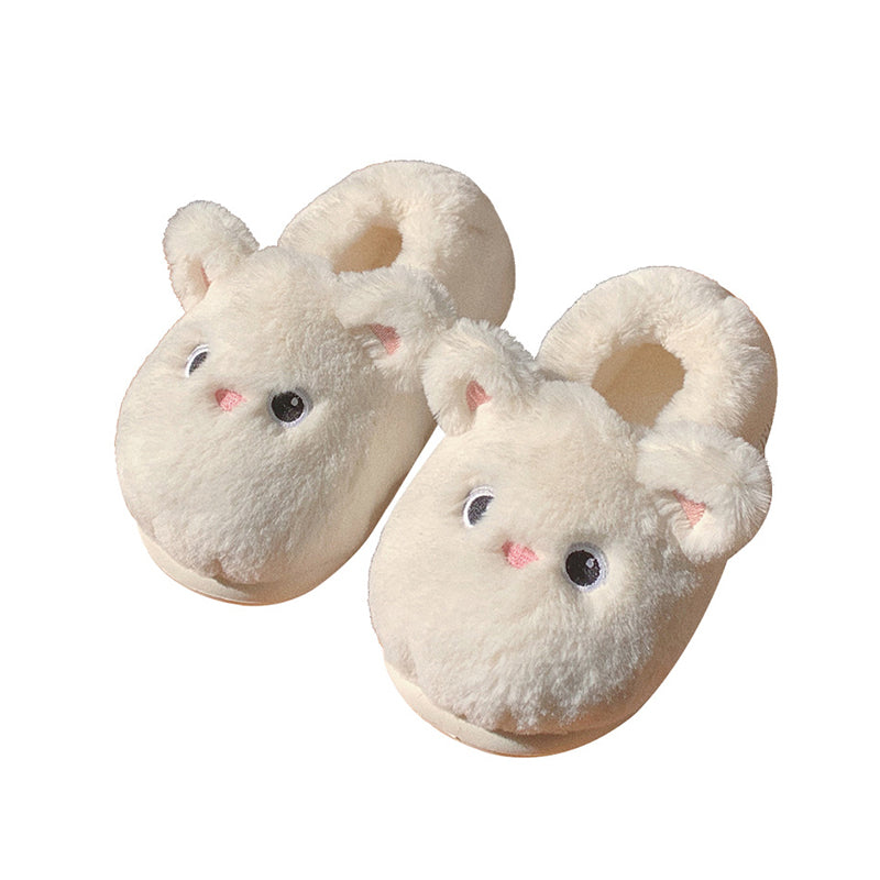 Cute milky white animal plush slippers with big round eyes and pink nose, fluffy faux fur indoor shoes with EVA sole