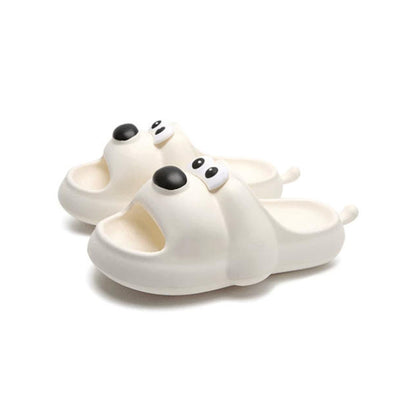 Cute milky white cartoon dog EVA slide sandals with big white eyes and small tail, lightweight all-EVA indoor shoes