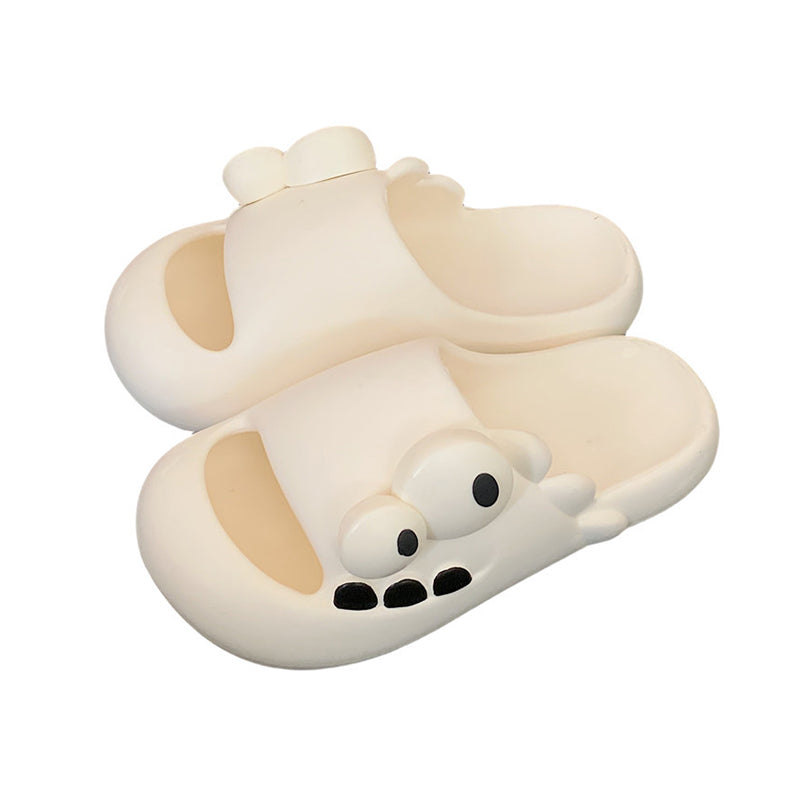 Cute milky white dinosaur EVA slide sandals with big eyes and teeth, lightweight indoor slip-on shoes