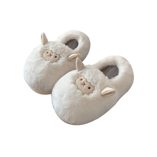 Cute milky white fluffy sheep bootie slippers with stitched face and small horns, closed-back fuzzy indoor shoes with EVA sole