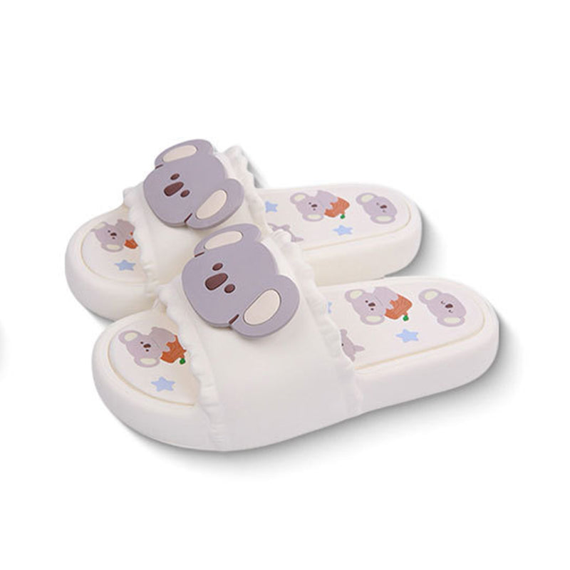 Cute milky white koala print EVA slide sandals with 3D koala face, ruffled trim, and star print footbed, all-EVA indoor slip-on shoes