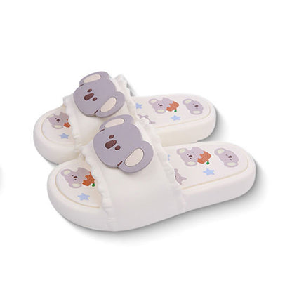 Cute milky white koala print EVA slide sandals with 3D koala face, ruffled trim, and star print footbed, all-EVA indoor slip-on shoes