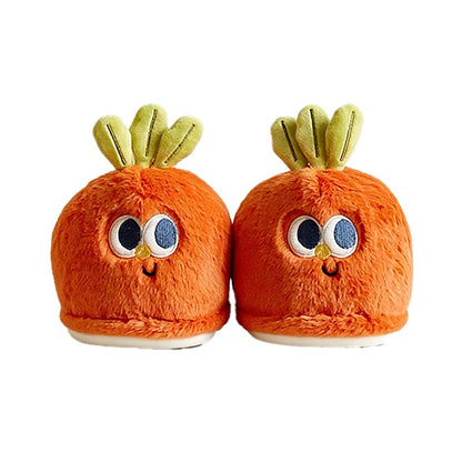 Cute orange carrot plush slippers with green top leaves and big eyes, closed-back fuzzy indoor shoes with PVC sole