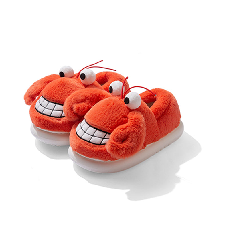 Cute orange crab plush slippers with protruding eyes, antennae and embroidered smile, fuzzy indoor shoes with EVA sole