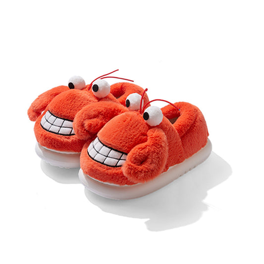 Cute orange crab plush slippers with protruding eyes, antennae and embroidered smile, fuzzy indoor shoes with EVA sole