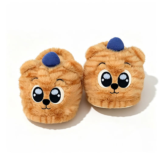 Cute orange striped tiger plush slippers with blue ears and big eyes, closed-back fuzzy indoor shoes with PVC sole