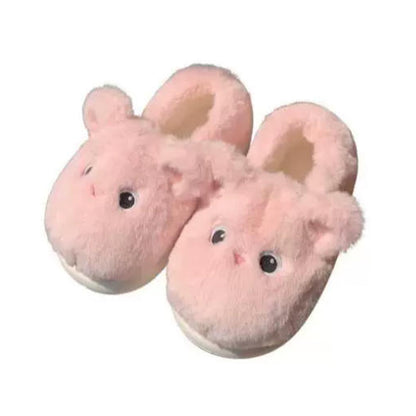 Cute pink animal plush slippers with big round eyes and pink nose, fluffy faux fur indoor shoes with EVA sole