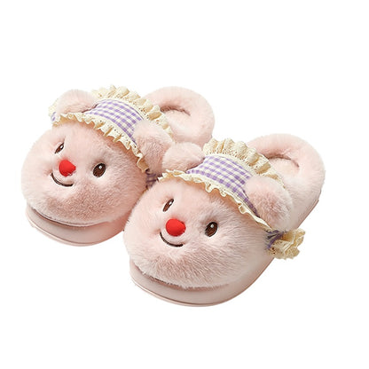 Cute pink bear plush slippers with blue gingham hat and red nose, ruffled trim indoor shoes with EVA sole