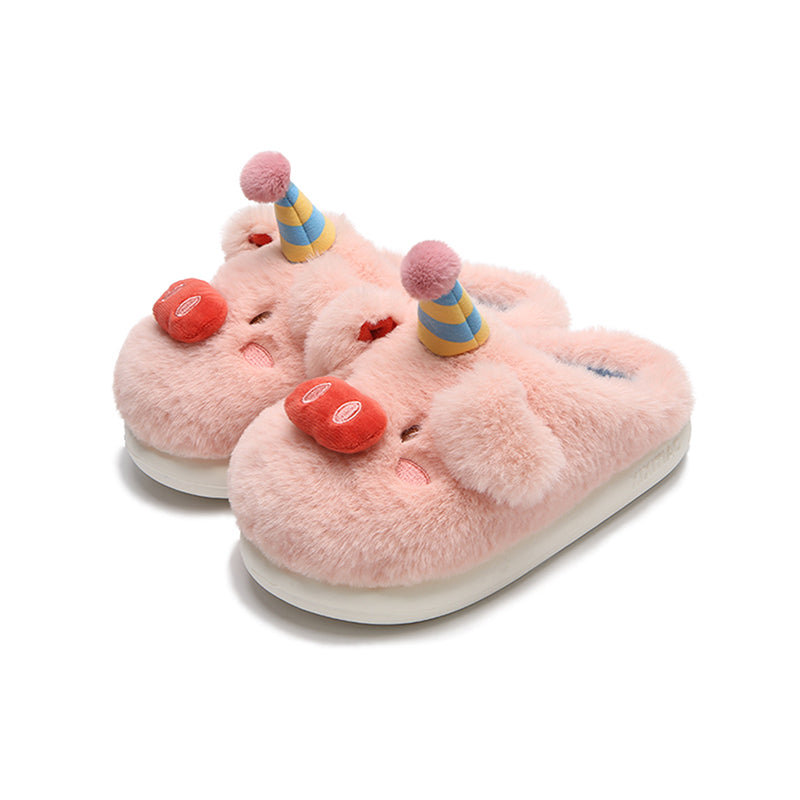 Cute pink birthday pig plush slippers with striped party hat, pom-pom, and red cherry accent, indoor shoes with EVA sole