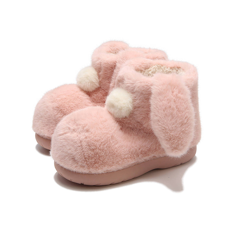 Cute pink bunny bootie slippers with long fuzzy ears and white pom-pom, warm indoor shoes with TPR sole