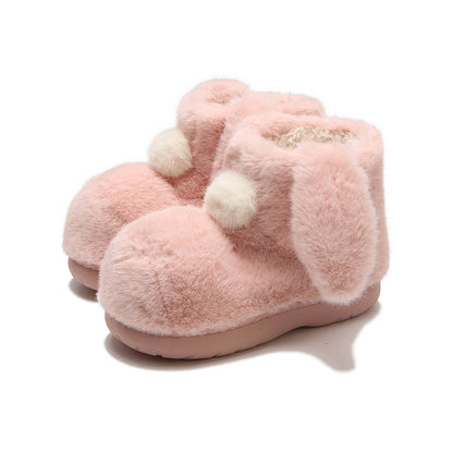 Cute pink bunny bootie slippers with long fuzzy ears and white pom-pom, warm indoor shoes with TPR sole