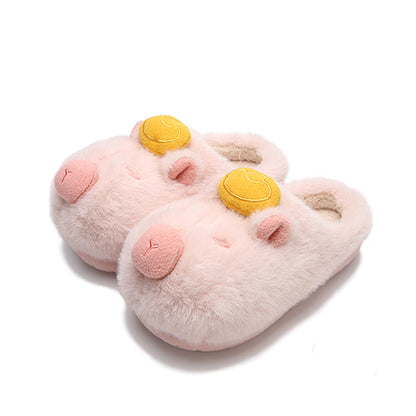 Cute pink capybara plush slippers with gold ingot on head and closed eyes, fuzzy indoor shoes with TPR sole