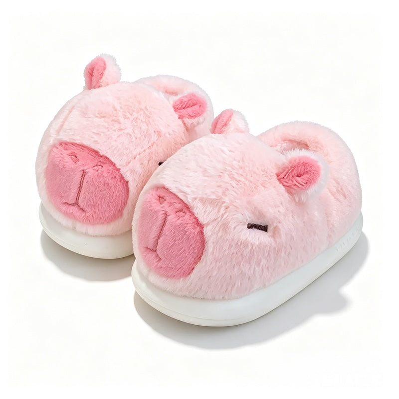 Cute pink capybara plush slippers with large rounded snout and small ears, closed-back fuzzy indoor shoes with EVA sole
