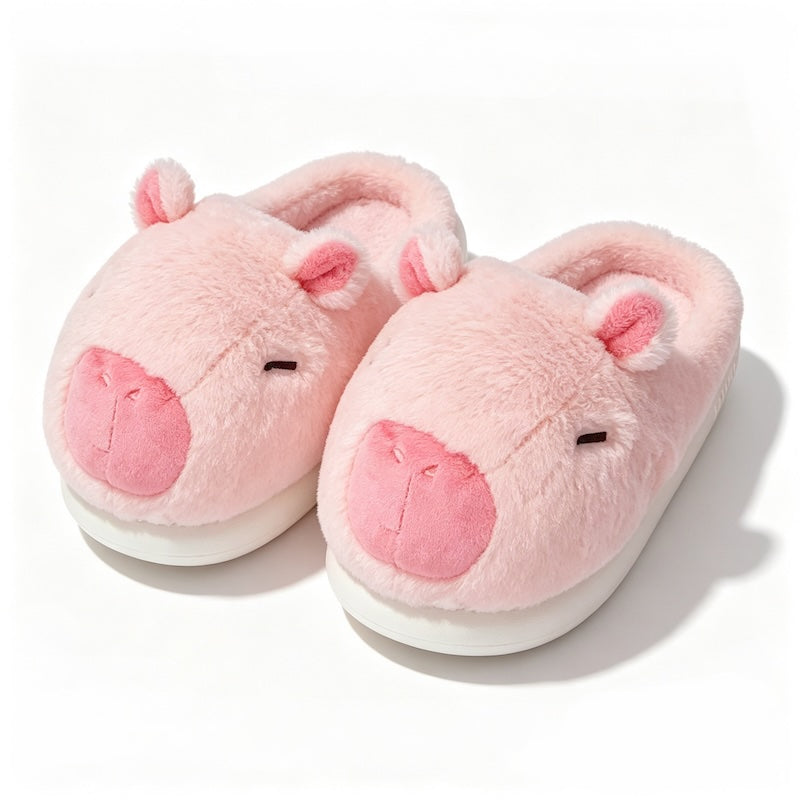 Cute pink capybara plush slippers with simple line eyes and round ears, fuzzy indoor shoes with EVA sole