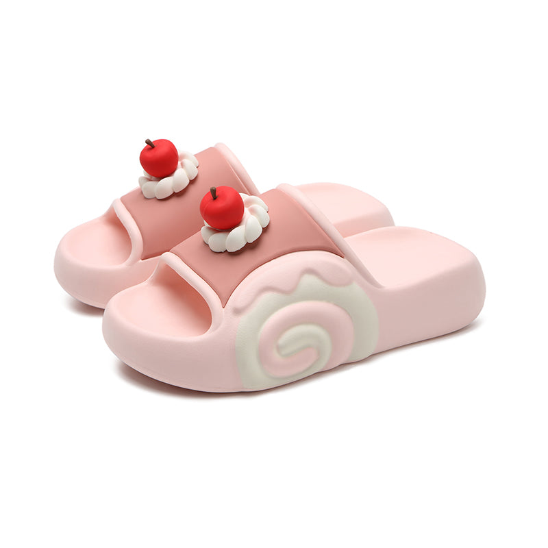 Cute pink cherry cake EVA slide sandals with cream swirl and cherry topper, lightweight indoor shoes