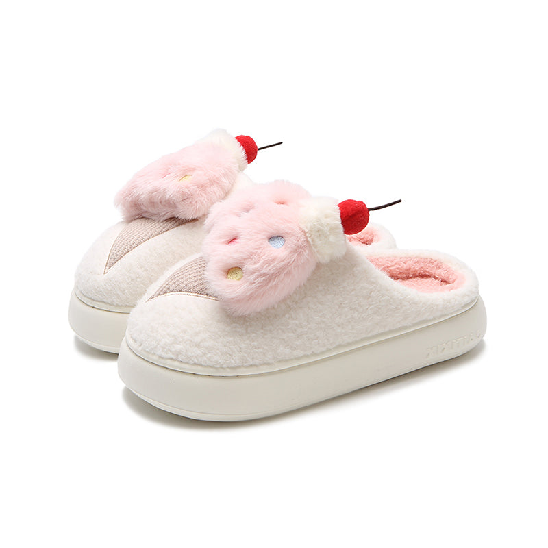 Cute pink cherry ice cream plush slippers with fluffy scoop, colorful sprinkles, and cherry topper, fuzzy indoor shoes with EVA sole