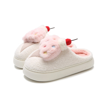 Cute pink cherry ice cream plush slippers with fluffy scoop, colorful sprinkles, and cherry topper, fuzzy indoor shoes with EVA sole