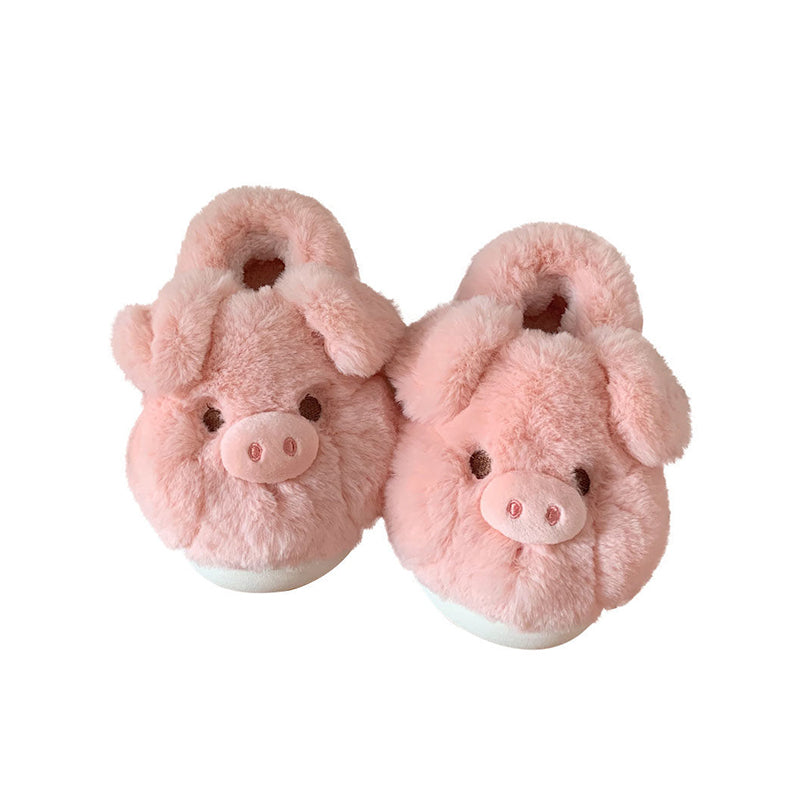 Cute pink closed-back pig plush slippers with floppy ears and 3D snout, fuzzy indoor shoes with EVA sole
