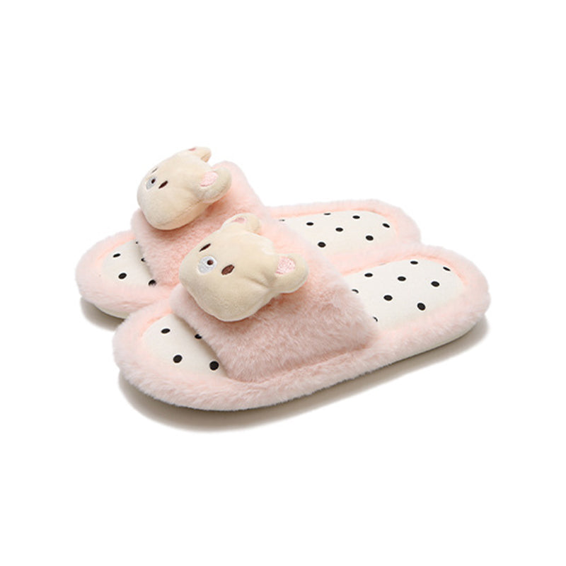 Cute pink fuzzy slide slippers with 3D bear charm and polka dot footbed, indoor shoes with EVA sole