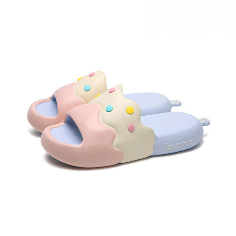 Cute pink ice cream EVA slide sandals with colorful sprinkles and melted design, lightweight indoor slip-on shoes