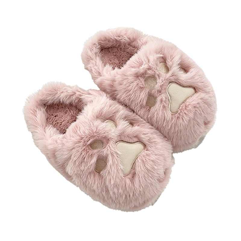 Cute pink paw print plush slippers with 3D paw design, fuzzy faux fur indoor shoes with PVC sole