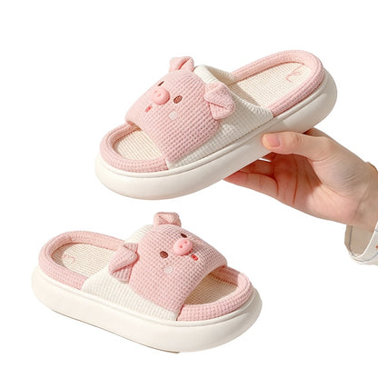 Cute pink pig design linen slippers with 3D pig face and breathable fabric, indoor shoes with EVA sole