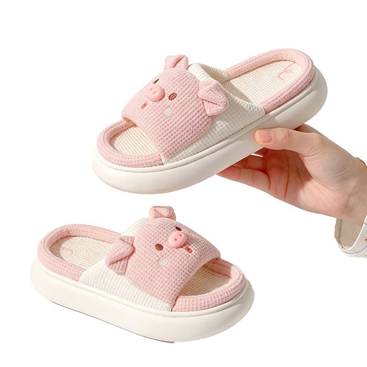 Cute pink pig design linen slippers with 3D pig face and breathable fabric, indoor shoes with EVA sole