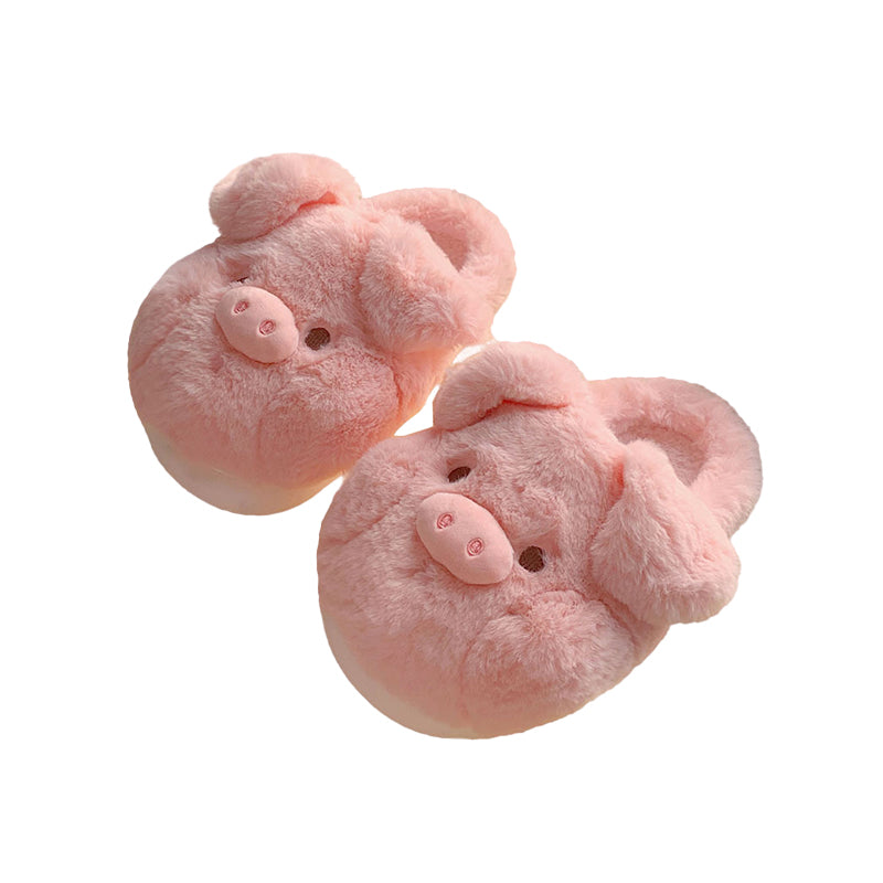 Cute pink pig plush slippers with floppy ears and 3D snout, fuzzy indoor shoes with EVA sole