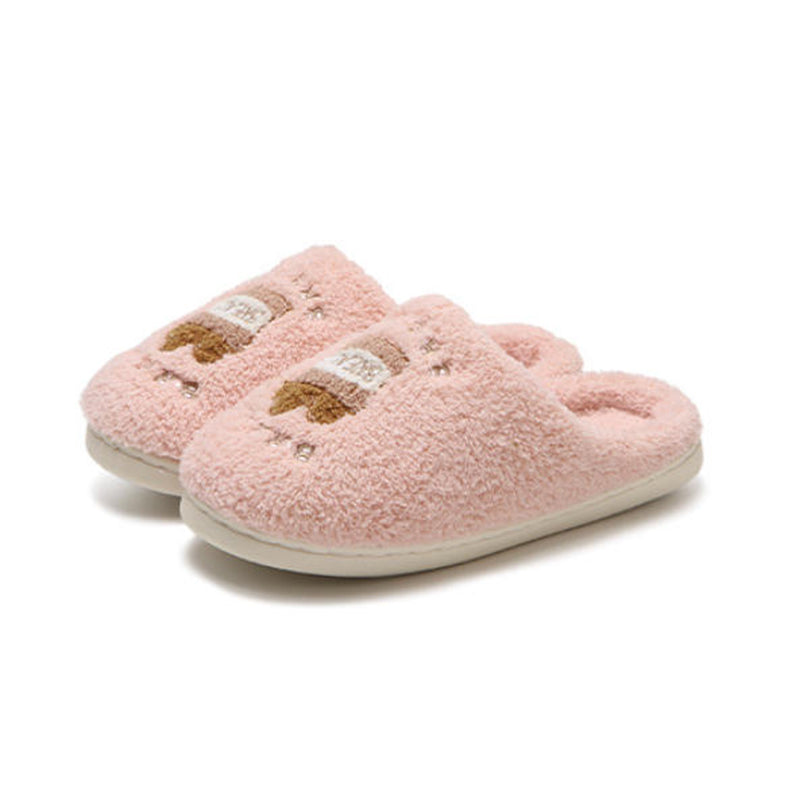 Cute pink plush slippers with embroidered baguette patch, fuzzy indoor shoes with EVA sole