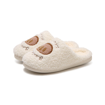 Cute pink plush slippers with embroidered pretzel patch, fuzzy indoor shoes with EVA sole